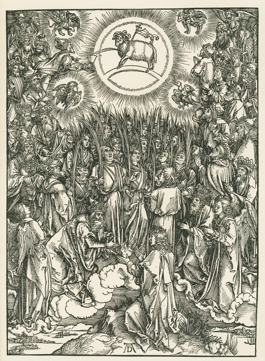 De aanbidding van het Lam en de lofzang van de uitverkorenen. De Openbaring van Johannes, ca. 1496-97 (houtsnede) door Albrecht Dürer or Duerer