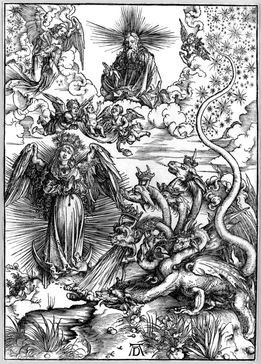De Apocalyptische Vrouw of De Vrouw Bekleed met de Zon en de Zevenkoppige Draak, uit De Apocalyps of de Openbaring van St. Johannes door Albrecht Dürer