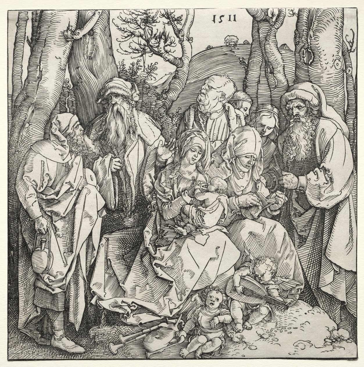 De Heilige Familie met Twee Muzikale Engelen door Albrecht Dürer or Duerer