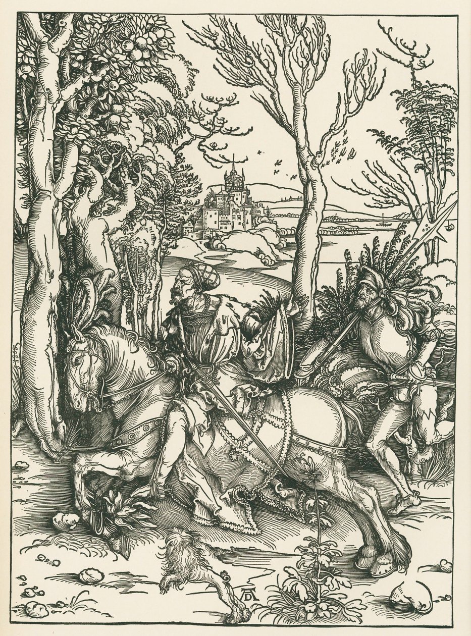 De ridder en de landsknecht, ca. 1496 (houtsnede) door Albrecht Dürer or Duerer
