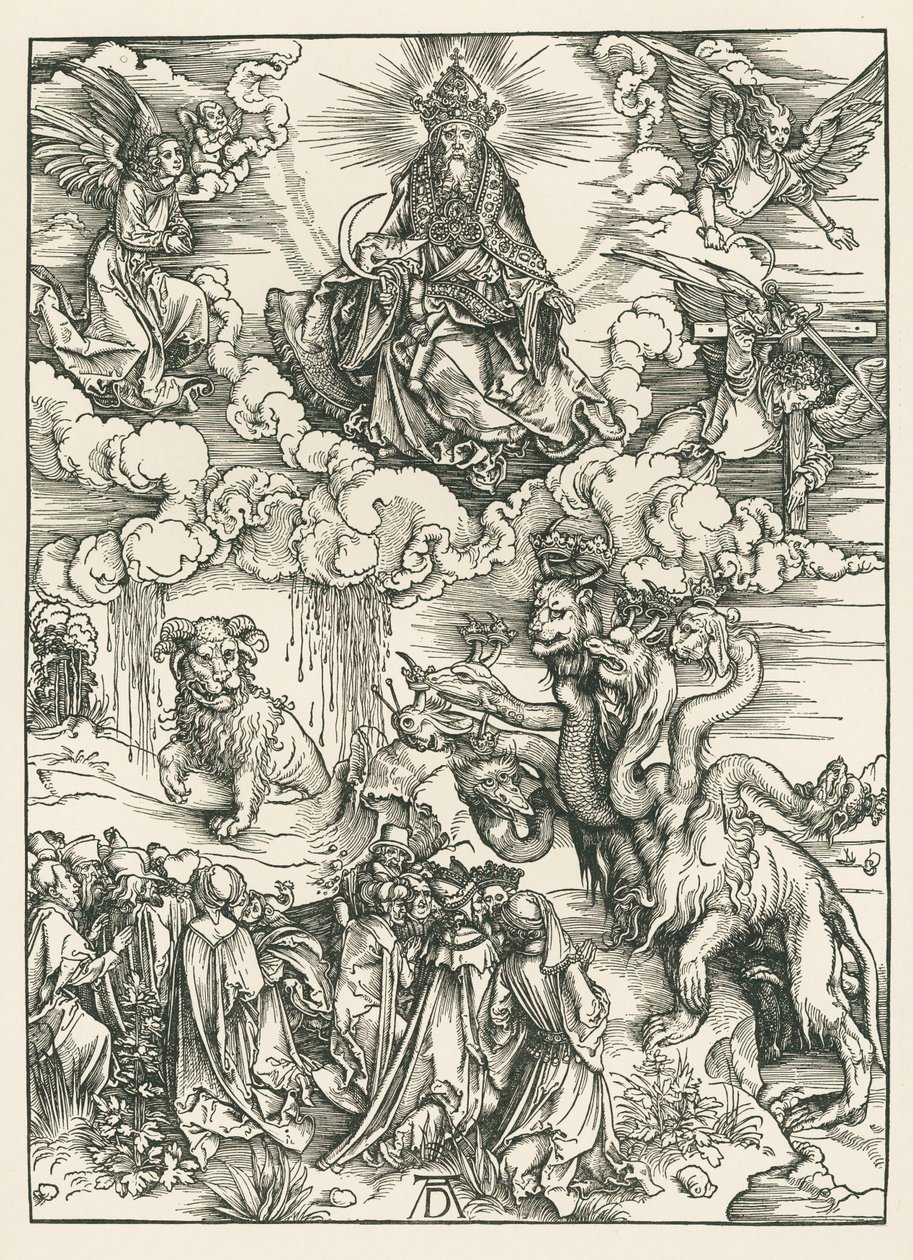 Het zeemonster en het beest met de horens van het lam. De Openbaring van Johannes, ca. 1496-97 (houtsnede) door Albrecht Dürer or Duerer
