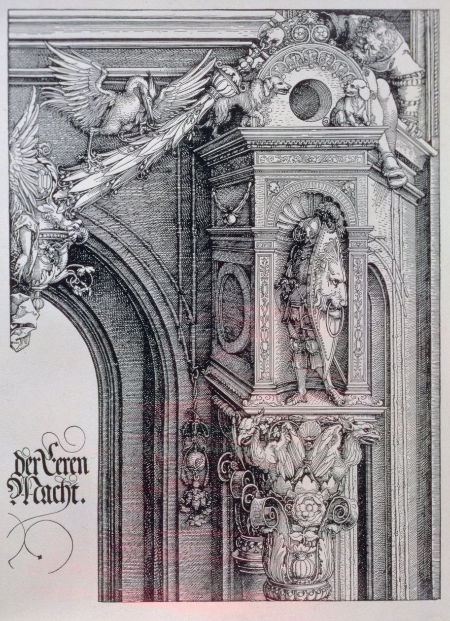 De triomfboog van keizer Maximiliaan I (1459-1519): detail van de centrale boog (de Poort van Eer en Macht) met een blad- en geanimeerd zuilkapiteel dat een ridder ondersteunt die in een architectonische nis staat, een figuur die een kant van een hangend c door Albrecht Dürer