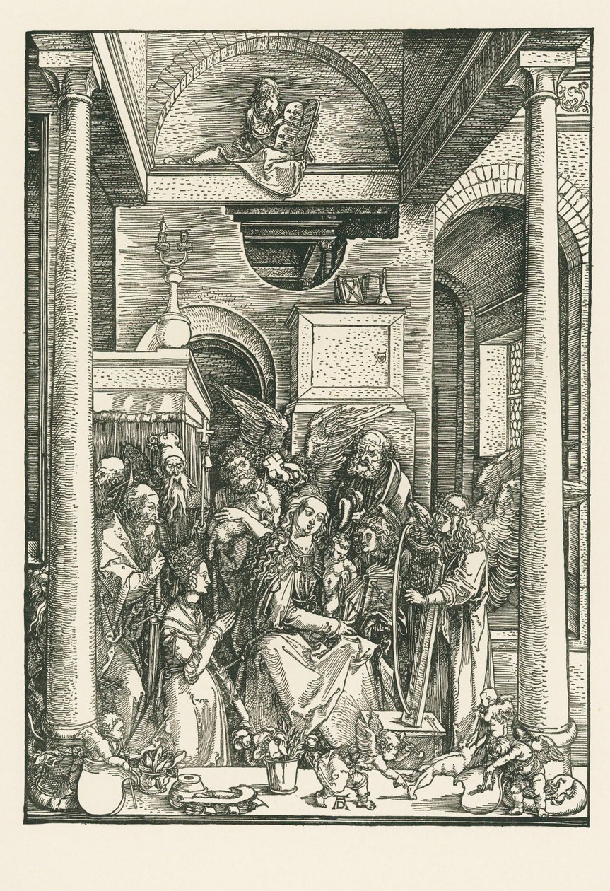 De maagd aanbeden door engelen en heiligen, c.1502 (houtsnede) door Albrecht Dürer or Duerer