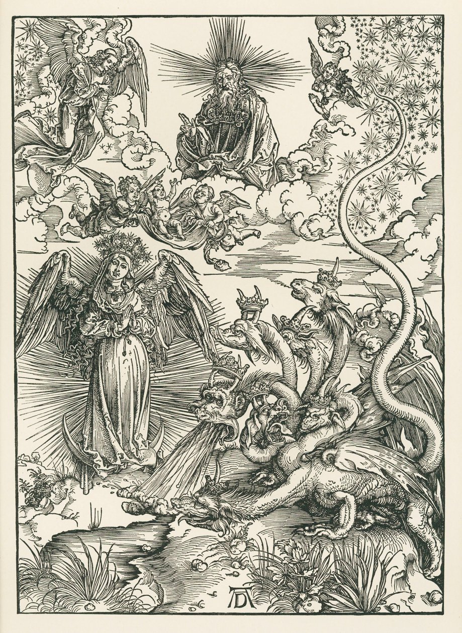 De vrouw bekleed met de zon en de draak met zeven koppen. De Openbaring van Johannes, ca. 1497 (houtsnede) door Albrecht Dürer or Duerer