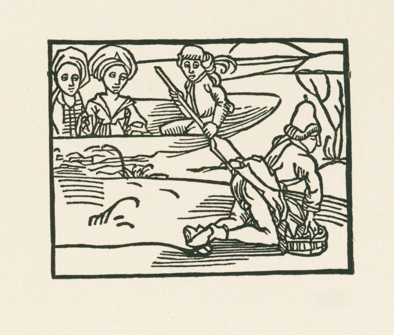 De hertogin zit in een boot op het water waar de priester zijn ondergoed wast, c.1489-90 (houtsnede) door Albrecht Dürer or Duerer