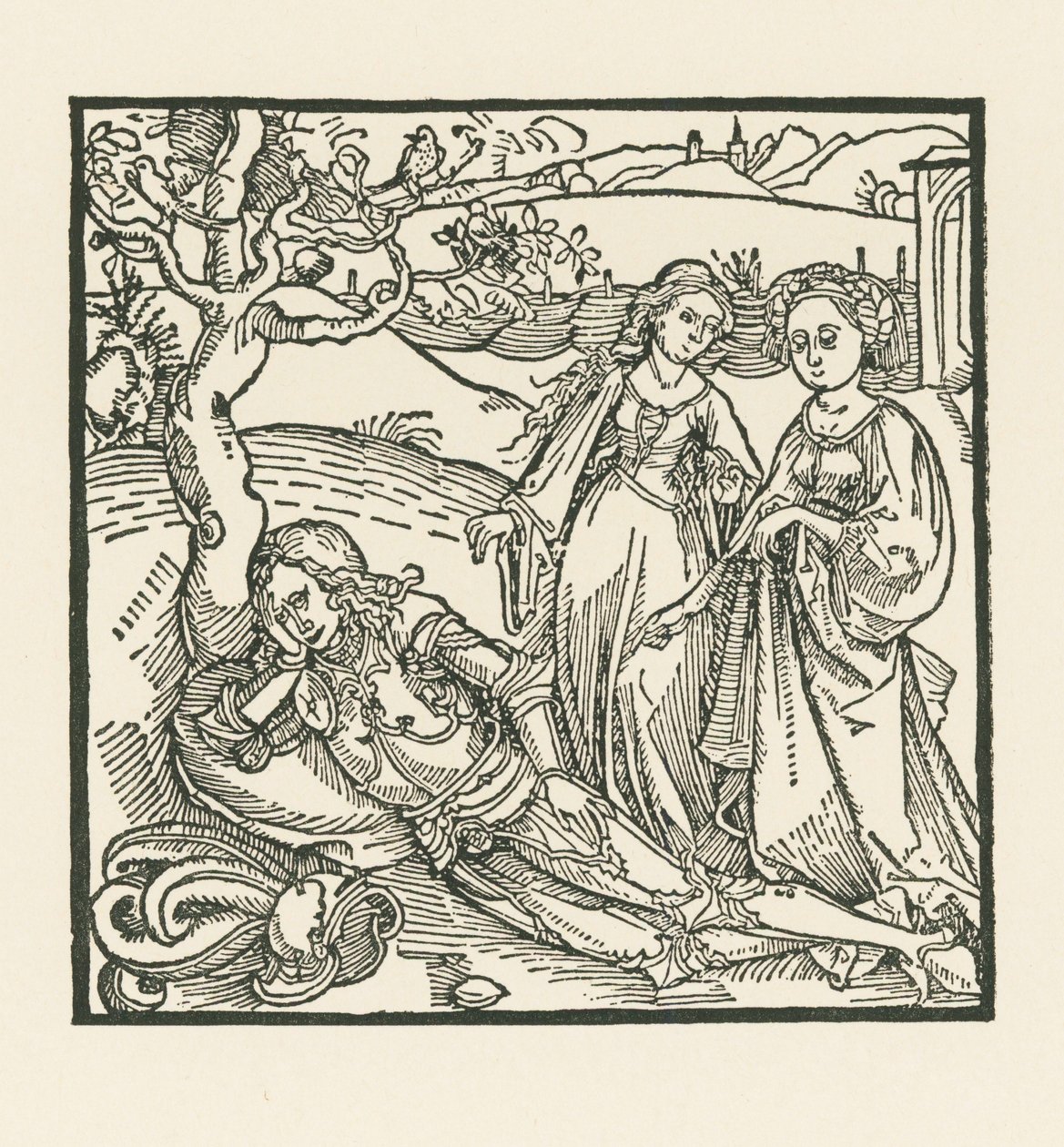 De ridder in meditatie wordt vergezeld door zijn twee dochters door Albrecht Dürer or Duerer