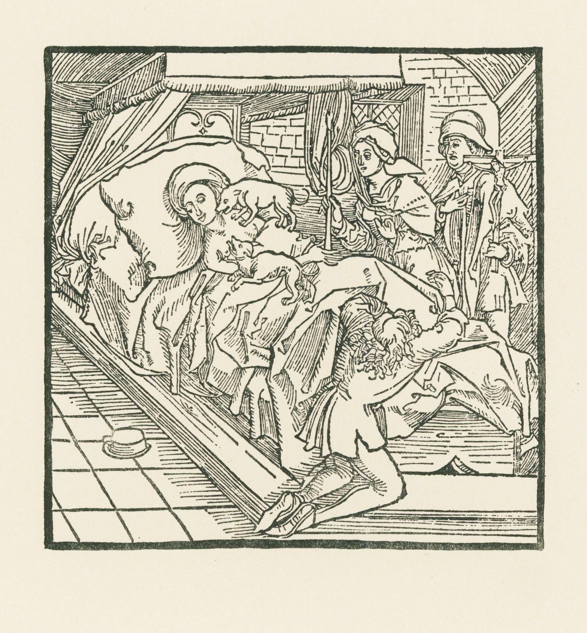 De edele dame in afwachting die haar honden zo goed te eten gaf, maar de armen liet verhongeren, wordt na haar dood door de honden afgelikt tot ze zwart wordt als steenkool door Albrecht Dürer or Duerer