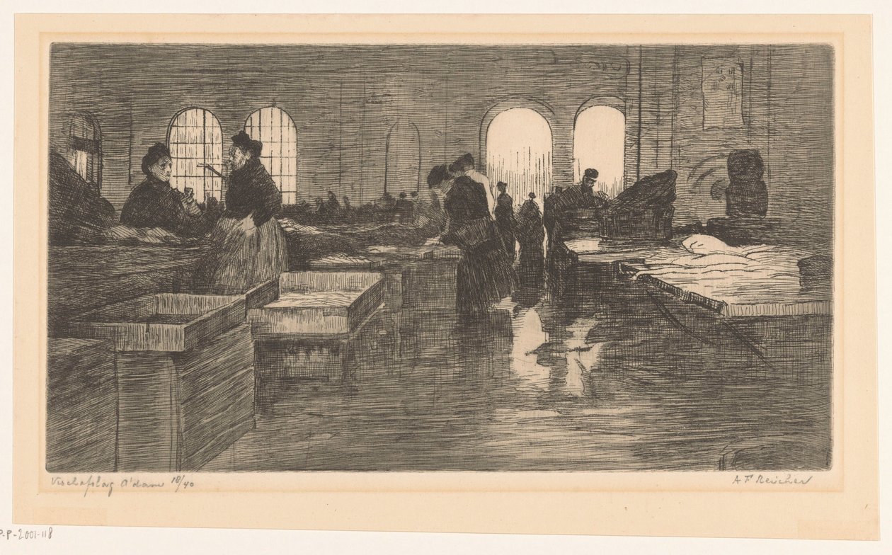 Interieur van de Vismarkt op de Nieuwmarkt in Amsterdam door Albrecht Felix Reicher (signed by artist)