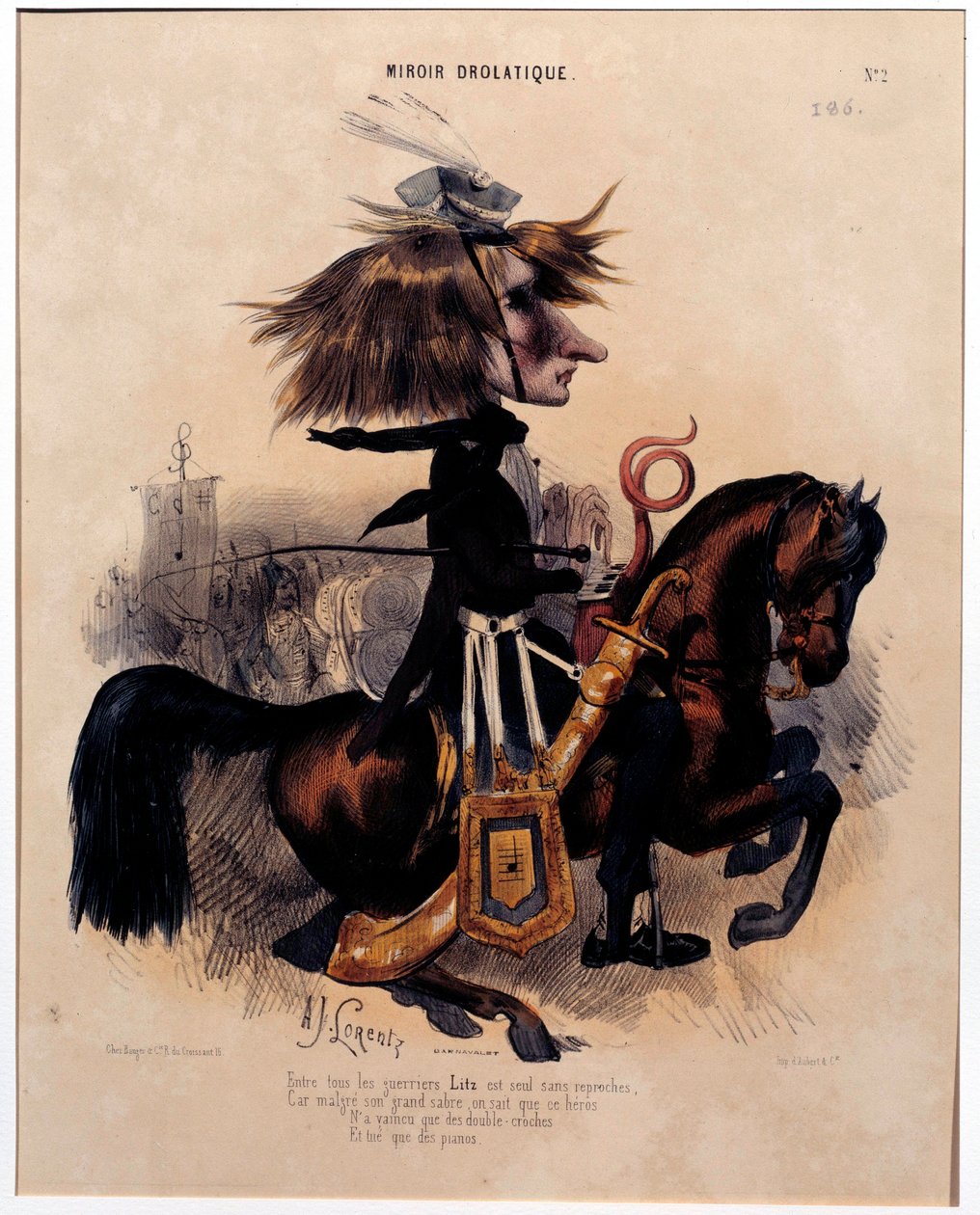 Cartoon die componist Franz Liszt afbeeldt door Alcide Joseph Lorentz uit "De drolatische spiegel" 1842 door Alcide Joseph Lorentz