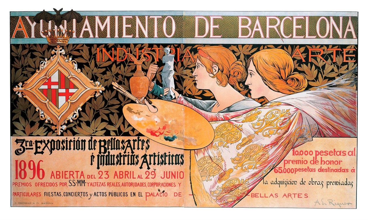 Affiche voor de derde "Expositie van Schone Kunsten en Artistieke Industrieën" van Barcelona in 1896 door Alejandro de Riquer