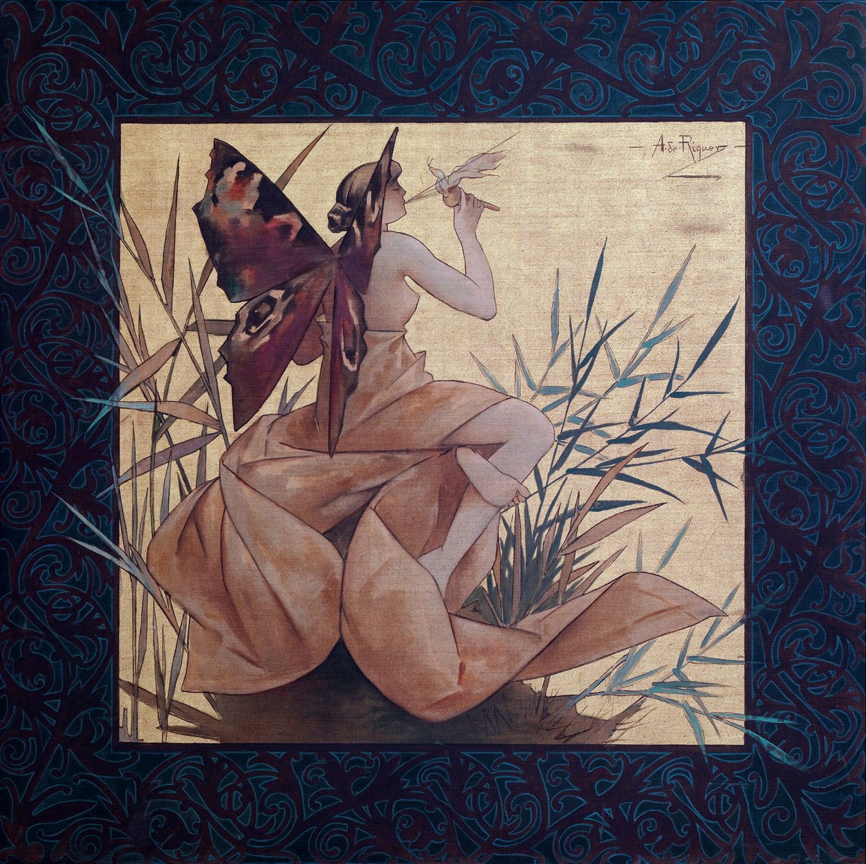 Compositie met gevleugelde nimf tussen het riet - Schilderij van Alexandre de Riquer i Ynglada (1856-1920) door Alejandro de Riquer