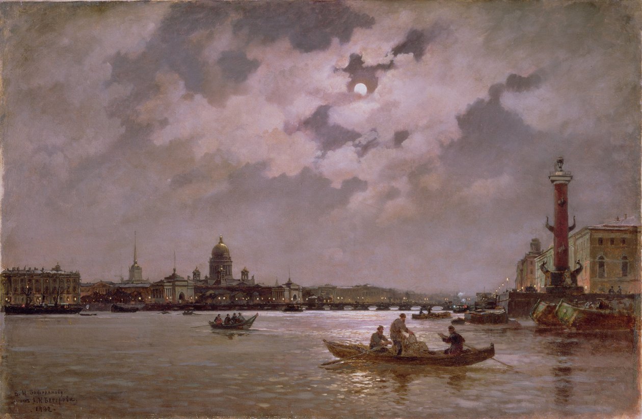 Uitzicht op de Neva en de Admiralteyskaya-kade bij maanlicht door Aleksandr Karlovich Beggrov