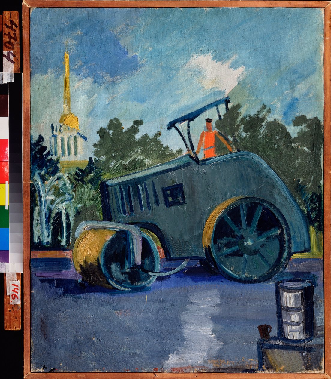 De asfaltering. (Een machine legt asfalt in een straat). Schilderij van Alexander Isaakovich Rusakov (1898-1952), olie op doek door Aleksandr Isaakovich Rusakov