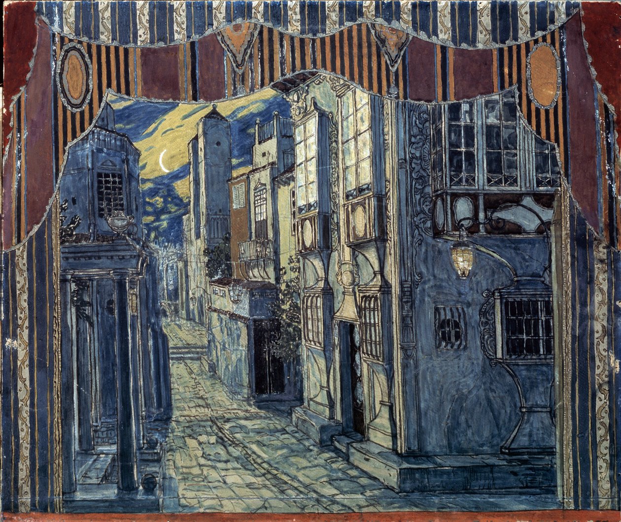 Decorontwerp voor de opera De Barbier van Sevilla van Gioachino Rossini. Stedelijk landschap verlicht door een halve maan, Spaanse gevels en geplaveide straten. Werk van een Russische meester door Aleksandr Jakovlevic Golovin