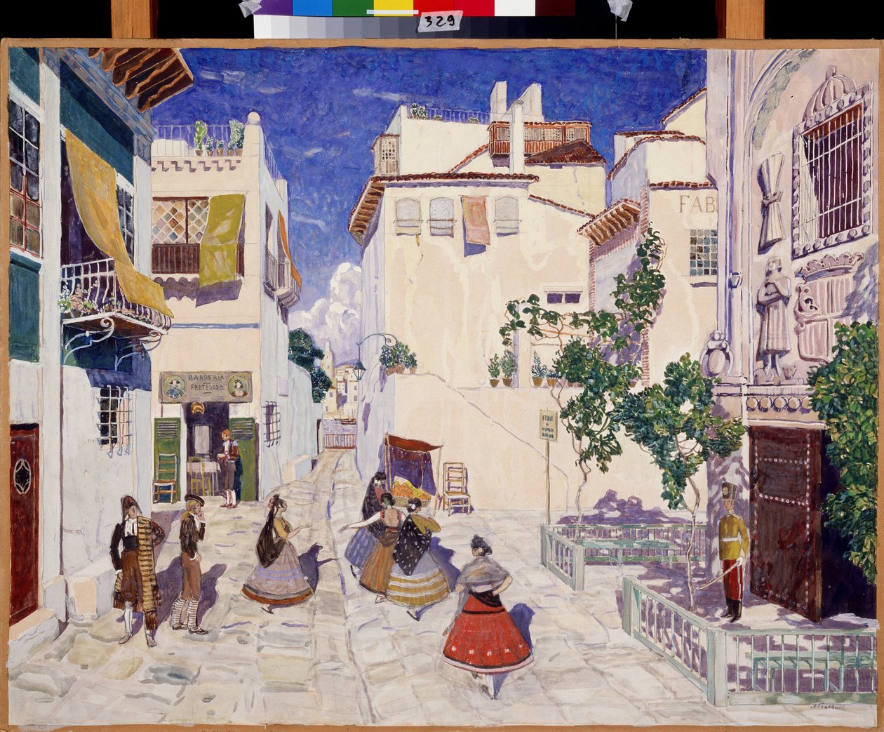 Een straat in Sevilla, decor voor de opera Carmen van Georges Bizet door Aleksandr Jakovlevic Golovin