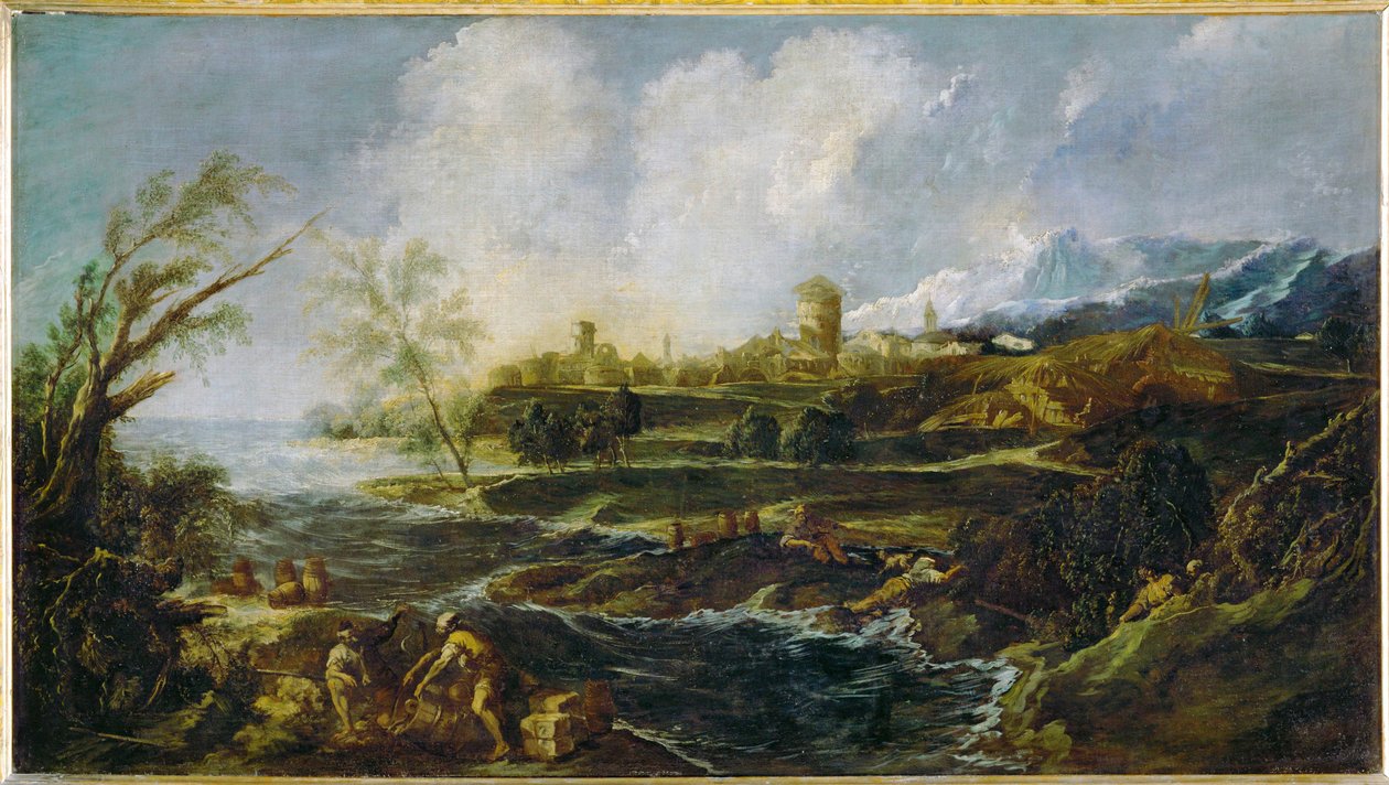 Landschap met een man en kist op de rivieroever ... door Alessandro (style of) Magnasco