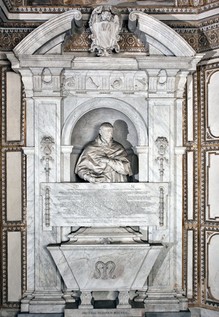 Grafmonument ter ere van kardinaal Giovanni Garcia Mellini met portret in buste Marmeren beeldhouwwerk door Alessandro Algardi (1598-1654) rond 1630 Rome Basiliek van Santa Maria del Popolo, Cappella Mellini door Alessandro Algardi