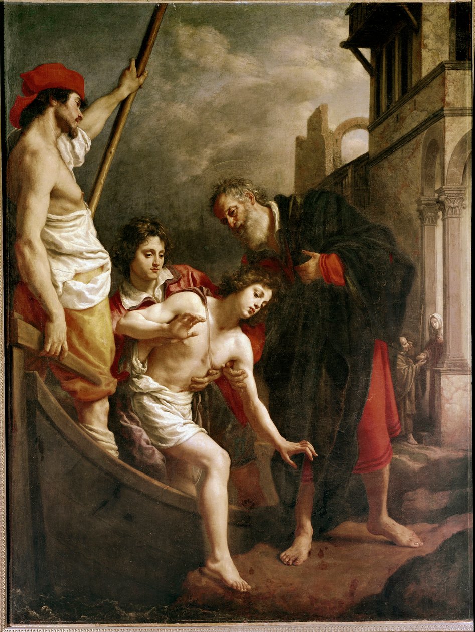 De gastvrijheid van St. Julian (olie op doek) door Alessandro Allori