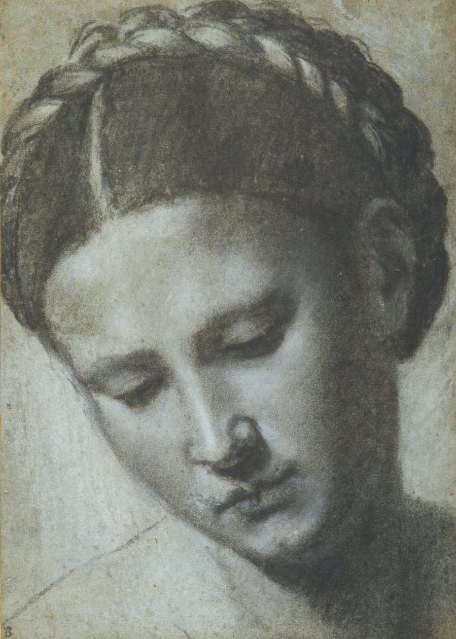 Hoofd van een vrouw met gevlochten haar door Alessandro Bonvicino Moretto