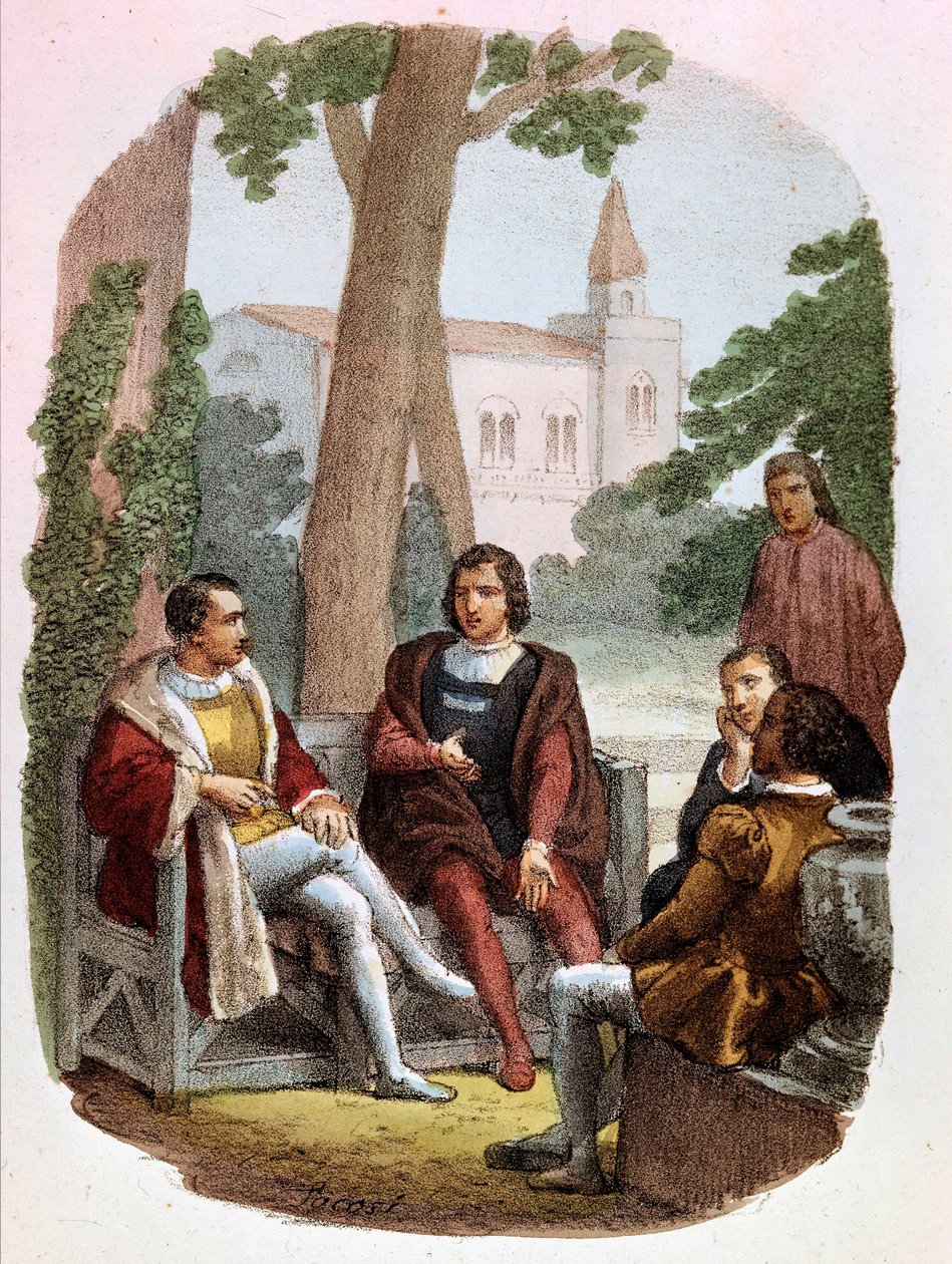 Fabrizio Colonna en Cosimo Rucellai bespreken de kunst van oorlog - in "Complete Werken van Niccolo Machiavelli", illustratie door Alessandro Focosi (1836 - 1869). "De Kunst van Oorlog" door Niccolo di Bernardo dei Machiavelli (Nicolas Machiavel) door Alessandro Focosi