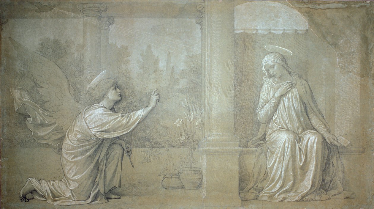 De annunciatie, voorbereidende tekening voor de Cappella Raffo fresco in de Misericordia begraafplaats, Siena door Alessandro Franchi