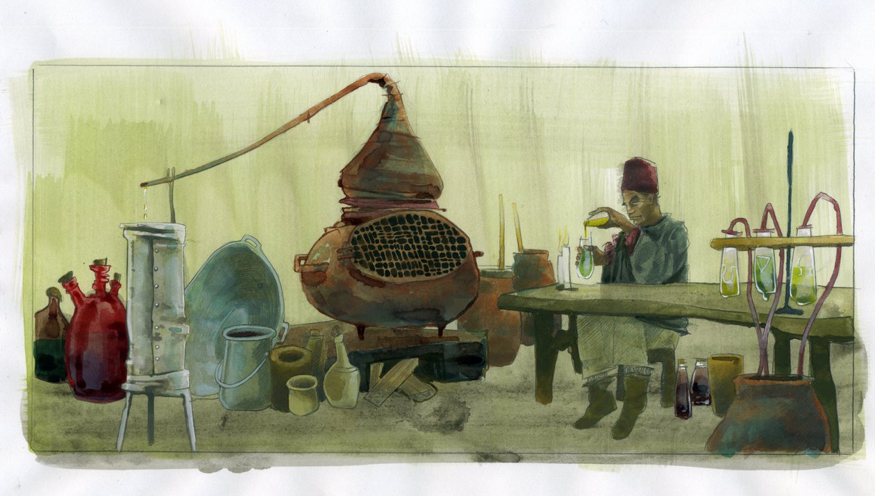 Alchemist in zijn laboratorium met potten en distilleerketel (Illustratie door Alessandro Lonati) door Alessandro Lonati