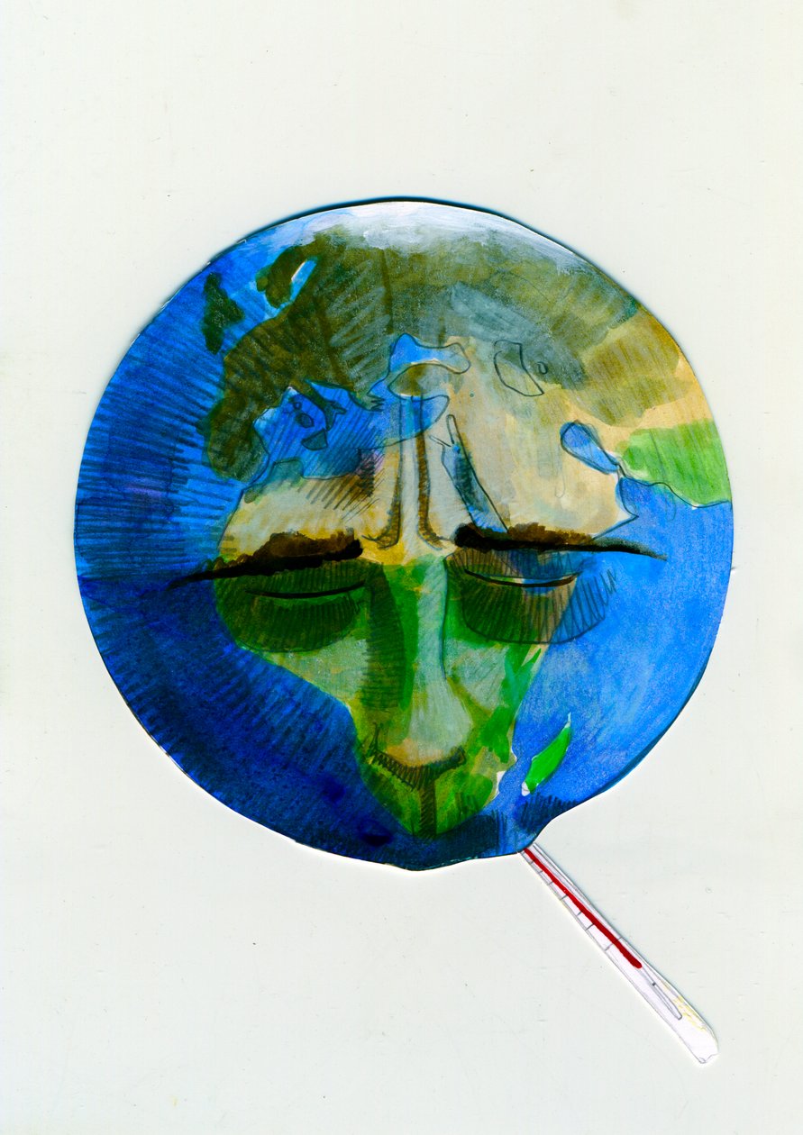 Allegorische voorstelling van de aarde, thermometer in de mond, vanwege schade veroorzaakt door mensen door Alessandro Lonati