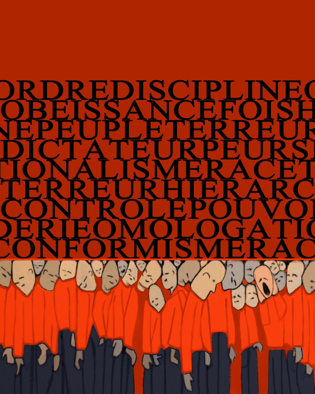 Allegorie van het gewicht van dictatuur, repressie, discipline over de mens, menigte verpletterd door macht en angst voor tirannen - Illustratie 2014 door Alessandro Lonati