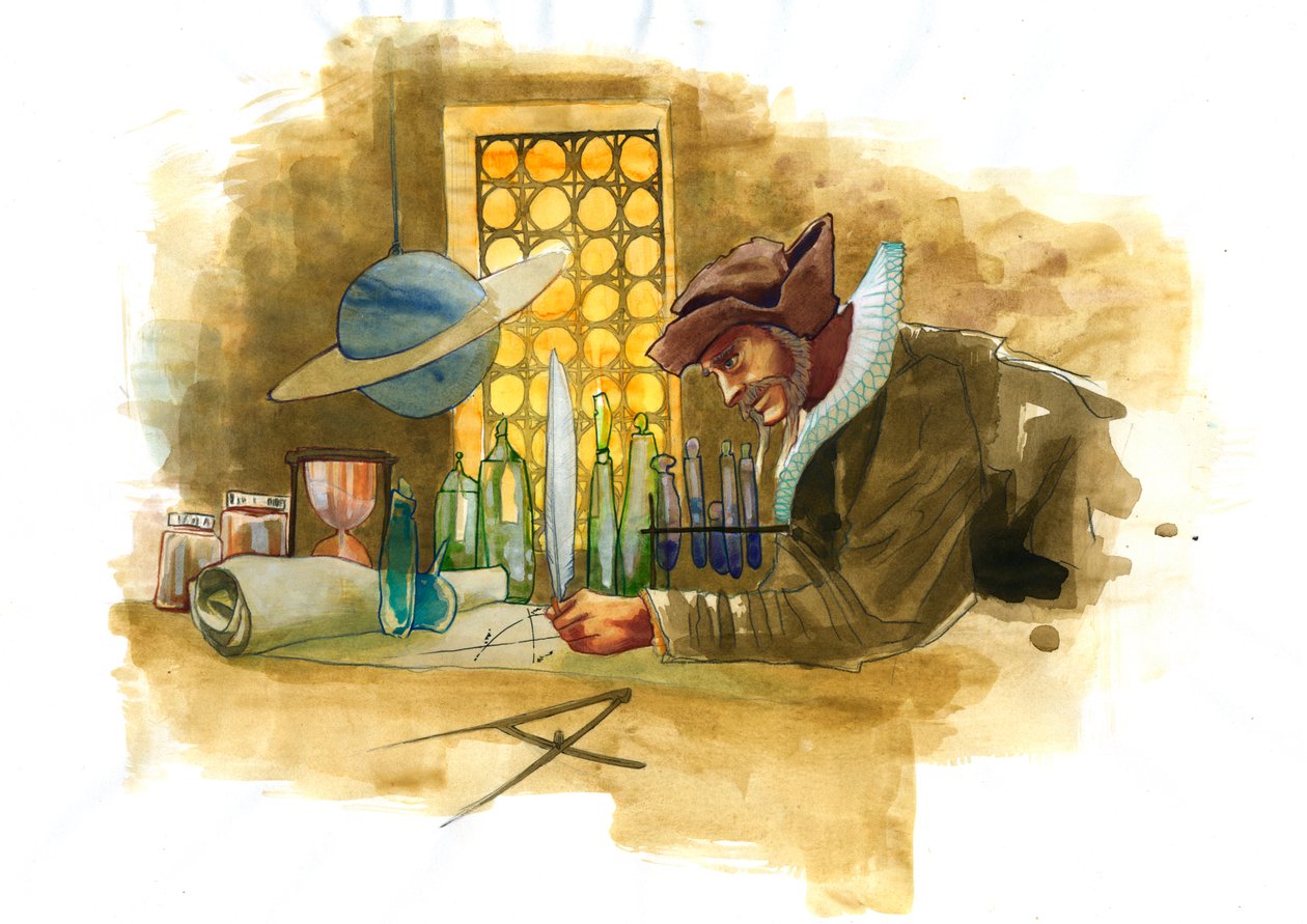 Een alchemist in zijn laboratorium omringd door flessen en destilleerkolven die de inhoud van een fles onderzoekt door Alessandro Lonati