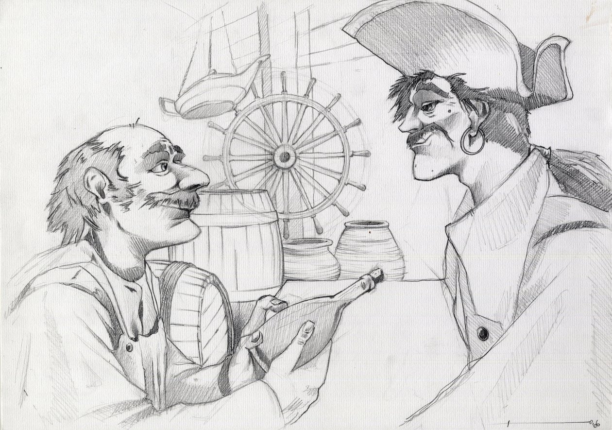 Caraïbische piraat in een herberg met een fles (Illustratie) door Alessandro Lonati