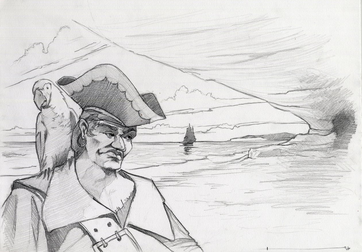 Caraïbische piraat met papegaai op zoek naar een schat in een grot op een strand, met galjoen door Alessandro Lonati