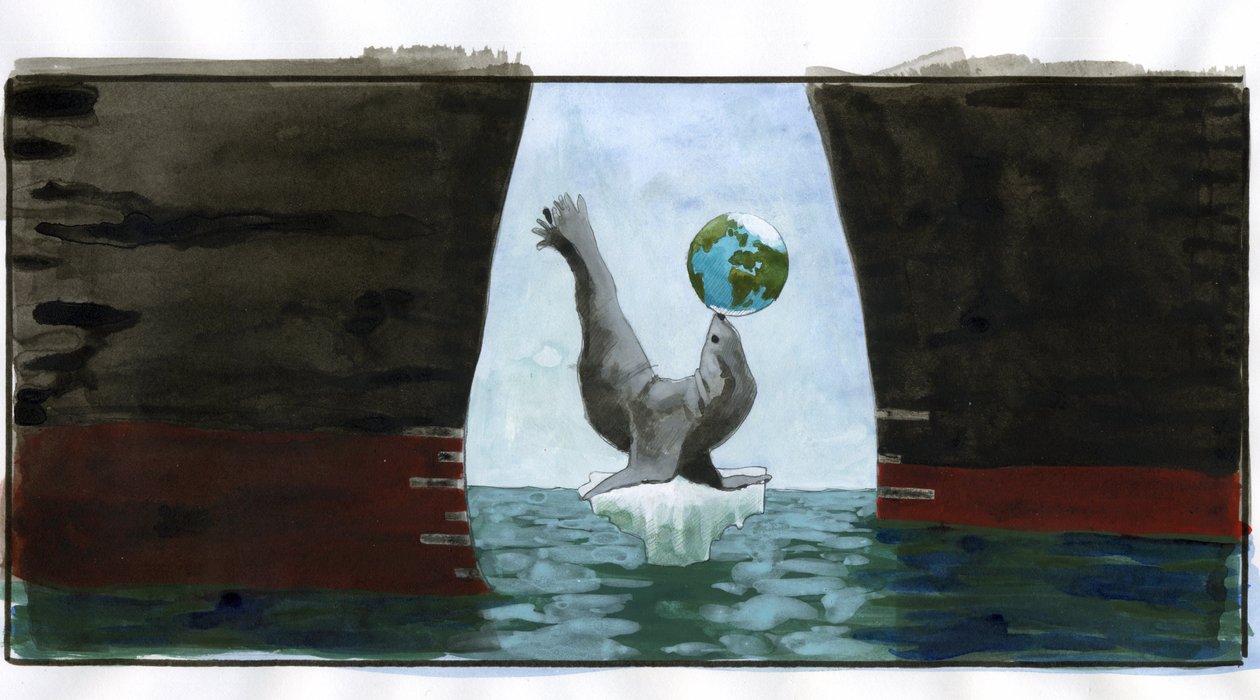 Ecologie en klimaatopwarming: smeltend ijs, een zeehond die met de planeet op zijn snuit speelt, rust op het laatste puntje van een ijsberg; eromheen bedreigen de rompen van olietankers het - allegorie die de planeet in evenwicht voorstelt door Alessandro Lonati