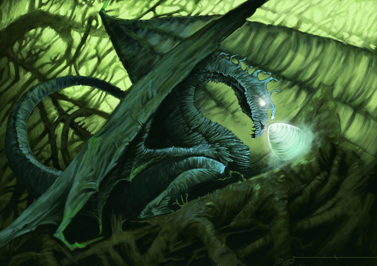Fantasie wezen: een draak die zijn ei beschermt (Illustratie, 2010) door Alessandro Lonati
