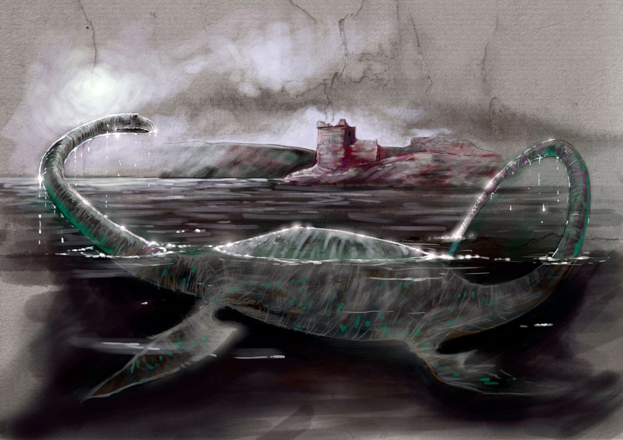 Fantastische monsters en wezens, cryptozoologie: voorstelling van Nessie, het monster van Loch Ness in Schotland - Tekening door Alessandro Lonati, 2012 door Alessandro Lonati
