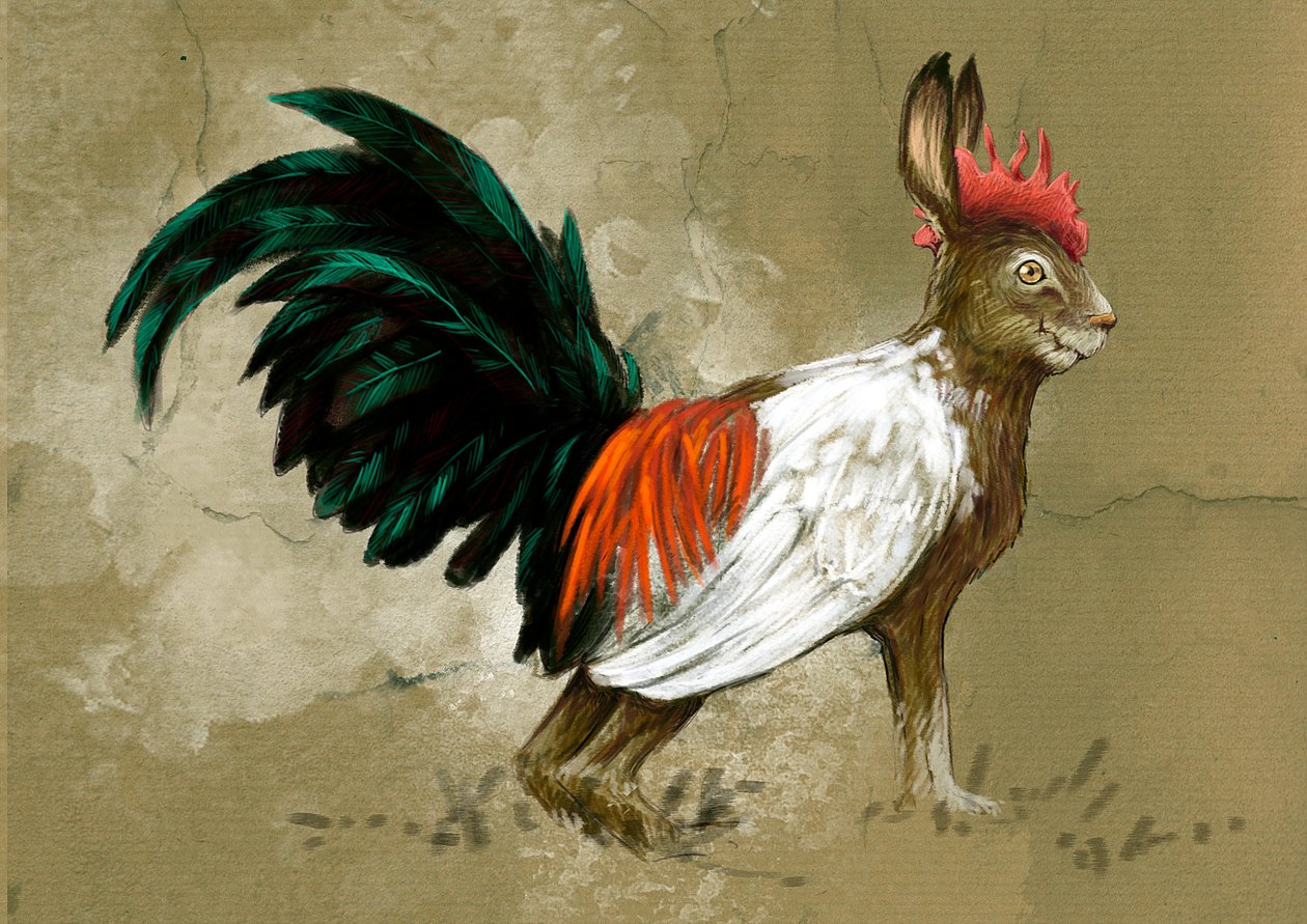 Fantastische monsters en wezens, cryptozoologie: voorstelling van een Skvader, denkbeeldig wezen uit Zweden, half haas en half grote heidehaan, gecreëerd in 1918 door de taxidermist Rudolf Granberg (Tekening door Alessandro Lonati, 2012) door Alessandro Lonati