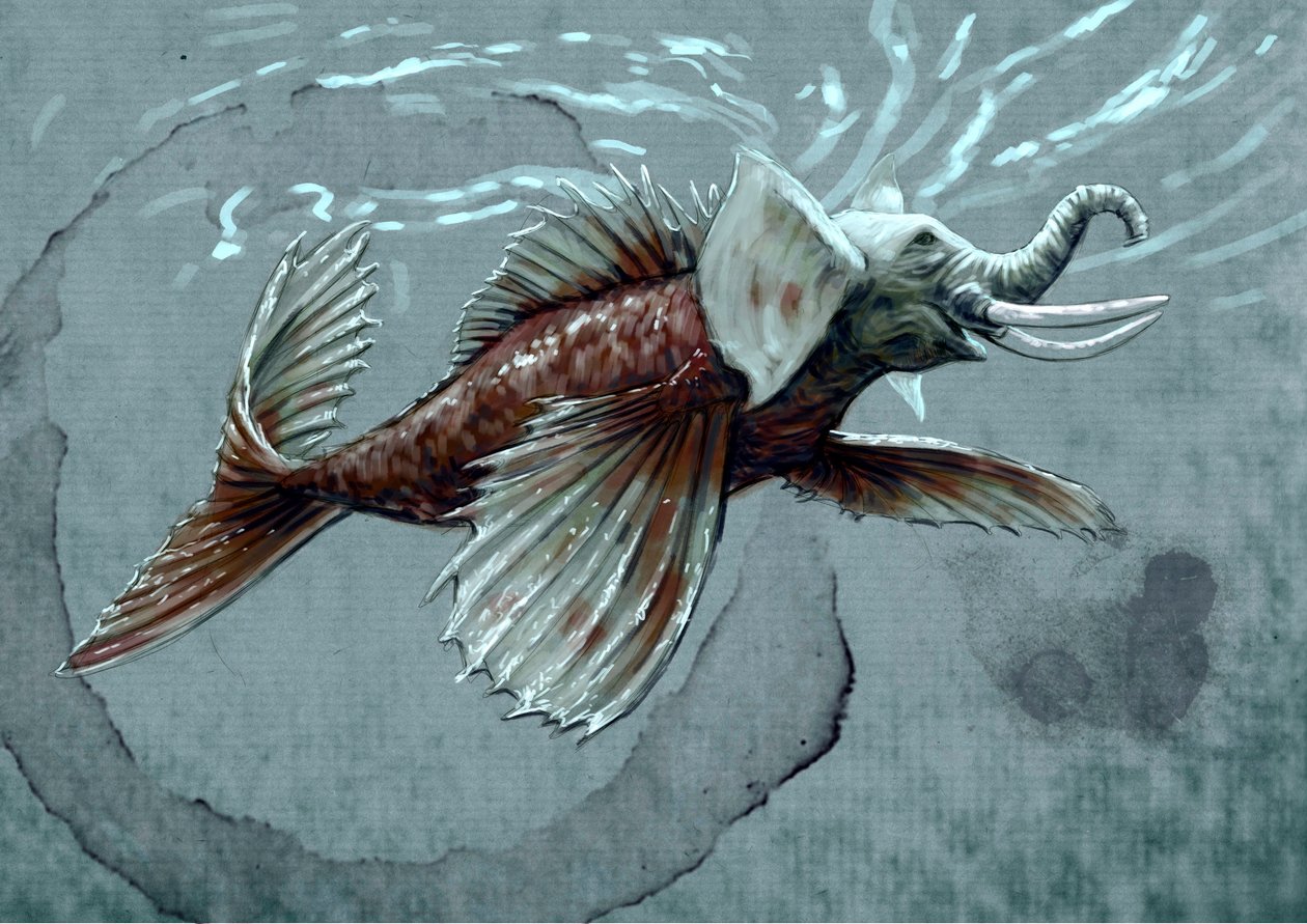 Fantastische monsters en wezens, cryptozoologie: voorstelling van een makara, waterdier uit het mythologische bestiarium van India door Alessandro Lonati
