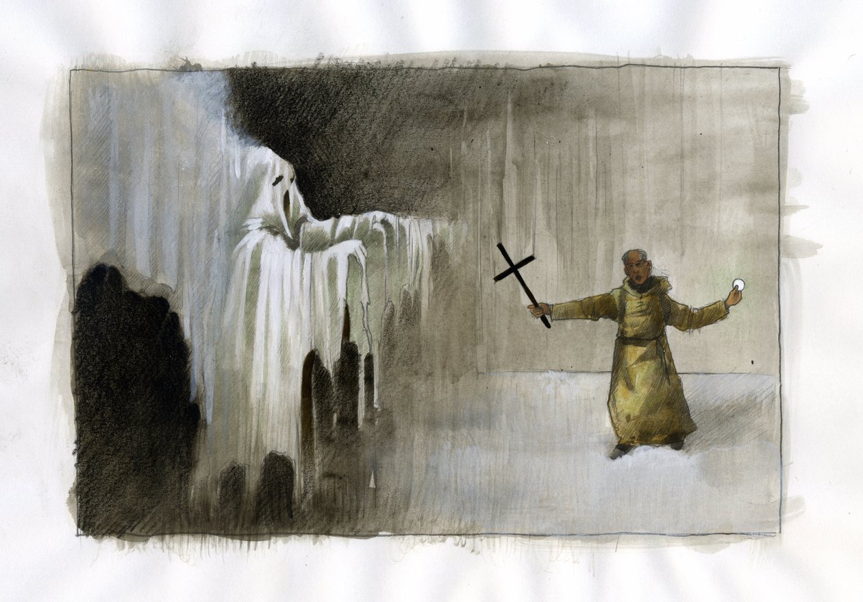 Gevecht tussen een monnik met een kruisbeeld en een geest (Illustratie door Alessandro Lonati) door Alessandro Lonati