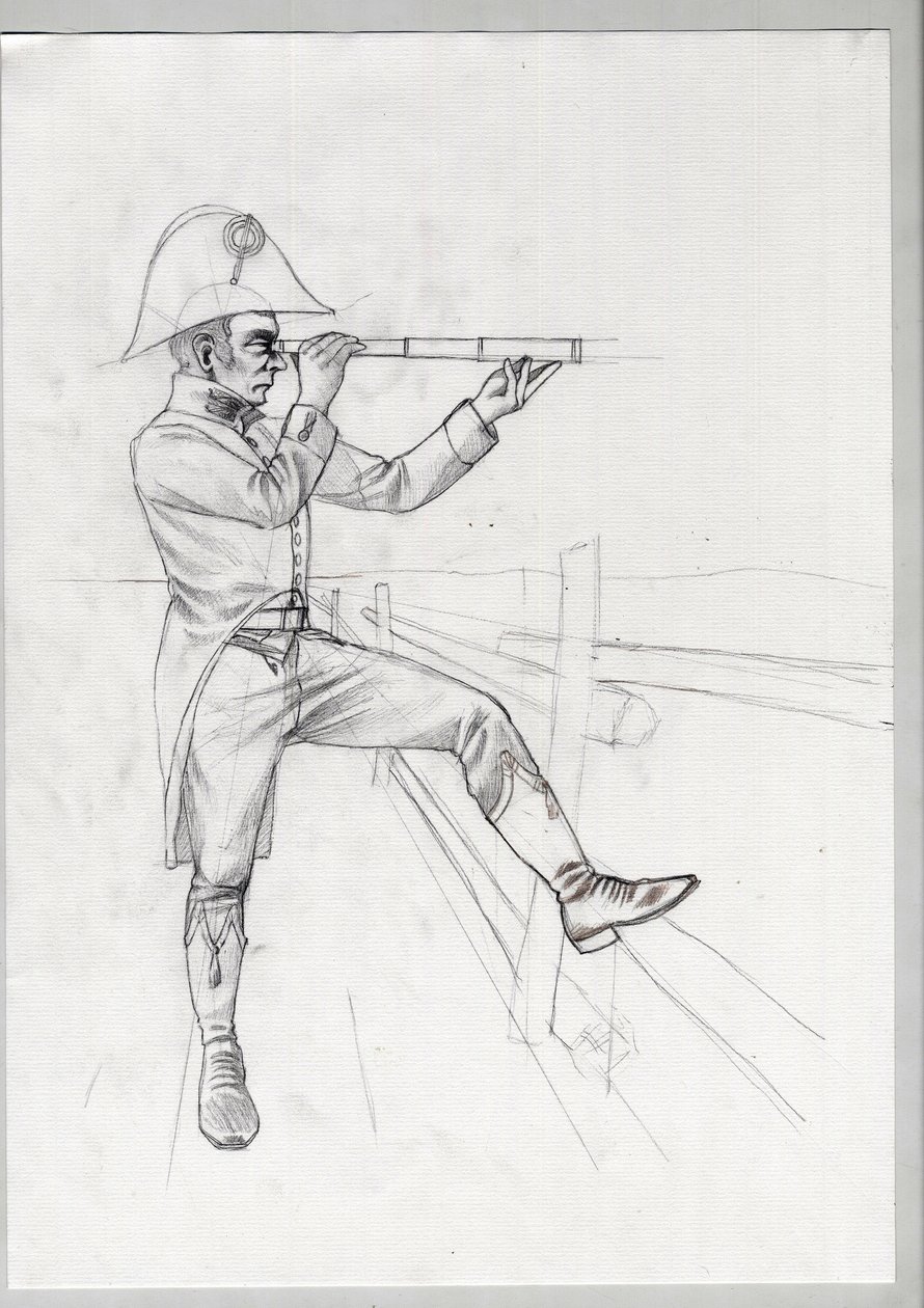Eerste Keizerrijk (1804-1814 en 1815): senior soldaat van het grote Franse Napoleontische leger in observatie met een verrekijker - Onvoltooide tekening door Alessandro Lonati door Alessandro Lonati