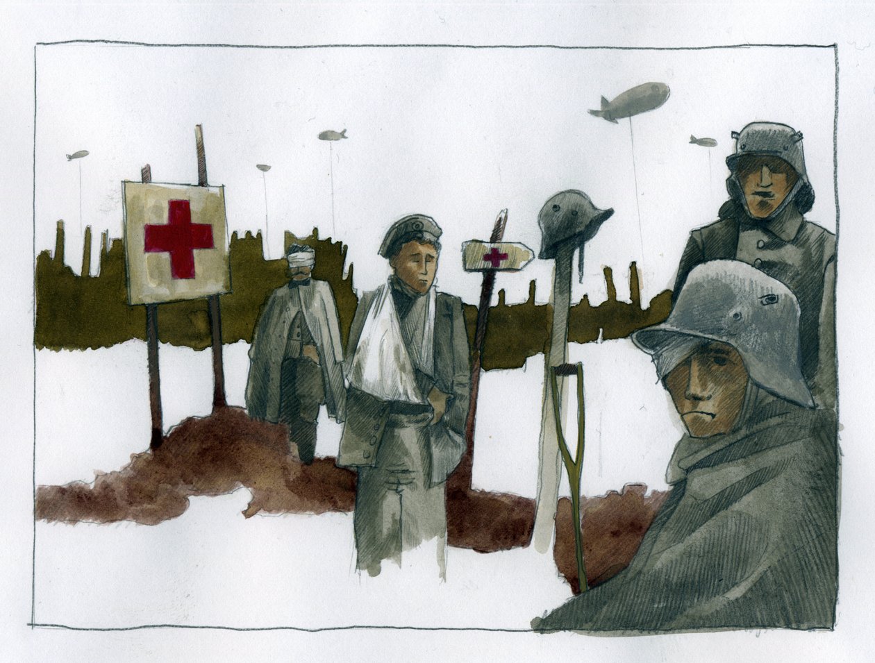 Eerste Wereldoorlog: Gewonde soldaten bij het Rode Kruis hulpstation - 1914-1918 Illustratie door Alessandro Lonati door Alessandro Lonati