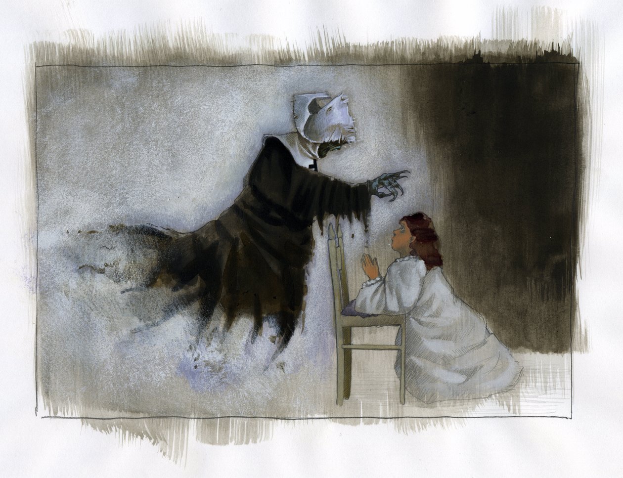 Geest van een oude non met kromme handen verschijnt aan een biddend meisje (Illustratie door Alessandro Lonati) door Alessandro Lonati