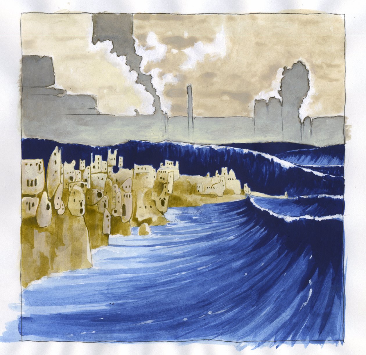 Illustratie van de mythe van het eiland dat onder de zee van Atlantis verdween: uitzicht op de onrustige zee na de uitbarsting van de vulkaan die het legendarische eiland overspoelt - Kleurtekening door Alessandro Lonati door Alessandro Lonati
