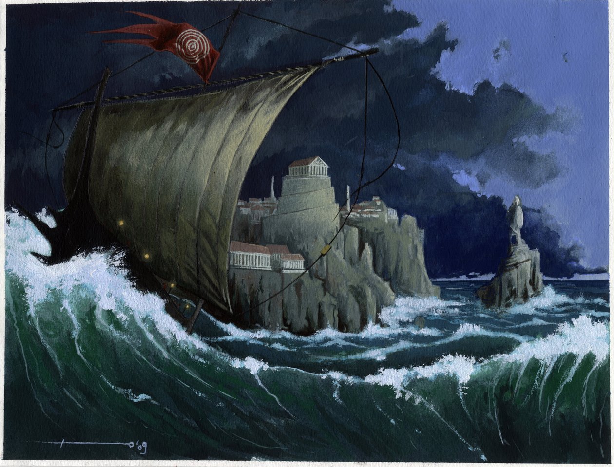 Illustratie van de mythe van het eiland dat onder de Atlantische Zee verdween: uitzicht op de Griekse stad van het legendarische eiland voor zijn verdwijning. Kleuren tekening door Alessandro Lonati. door Alessandro Lonati