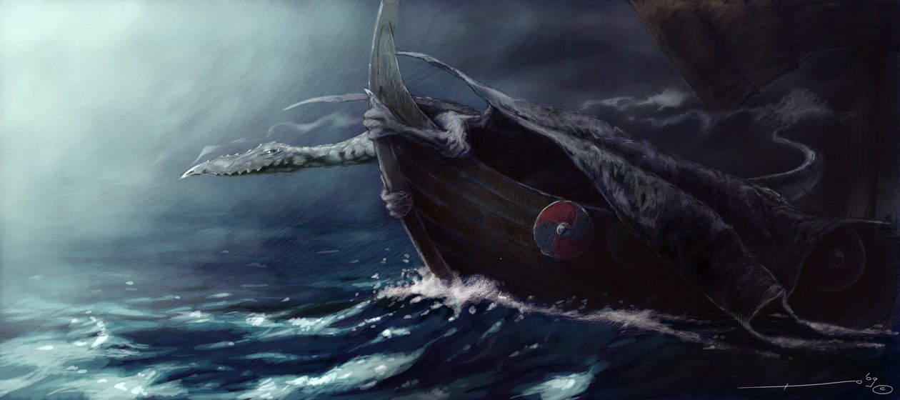 Legendarisch wezen: Draak die een Drakkar (Vikingboot) aanvalt door Alessandro Lonati