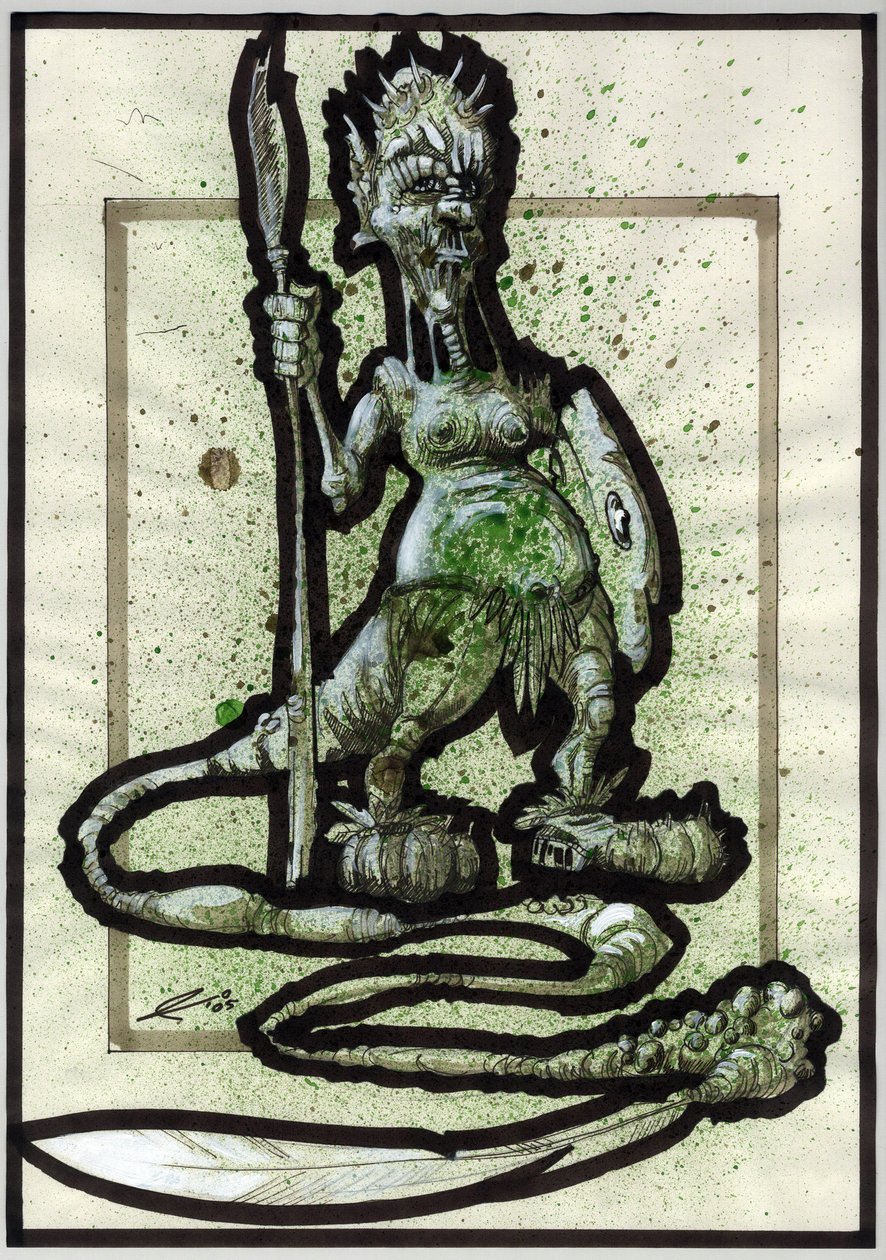 Legendarisch monster voor fantasie illustratie: gezicht van een stamwezen of krijger met speer, schild en verenstaart door Alessandro Lonati