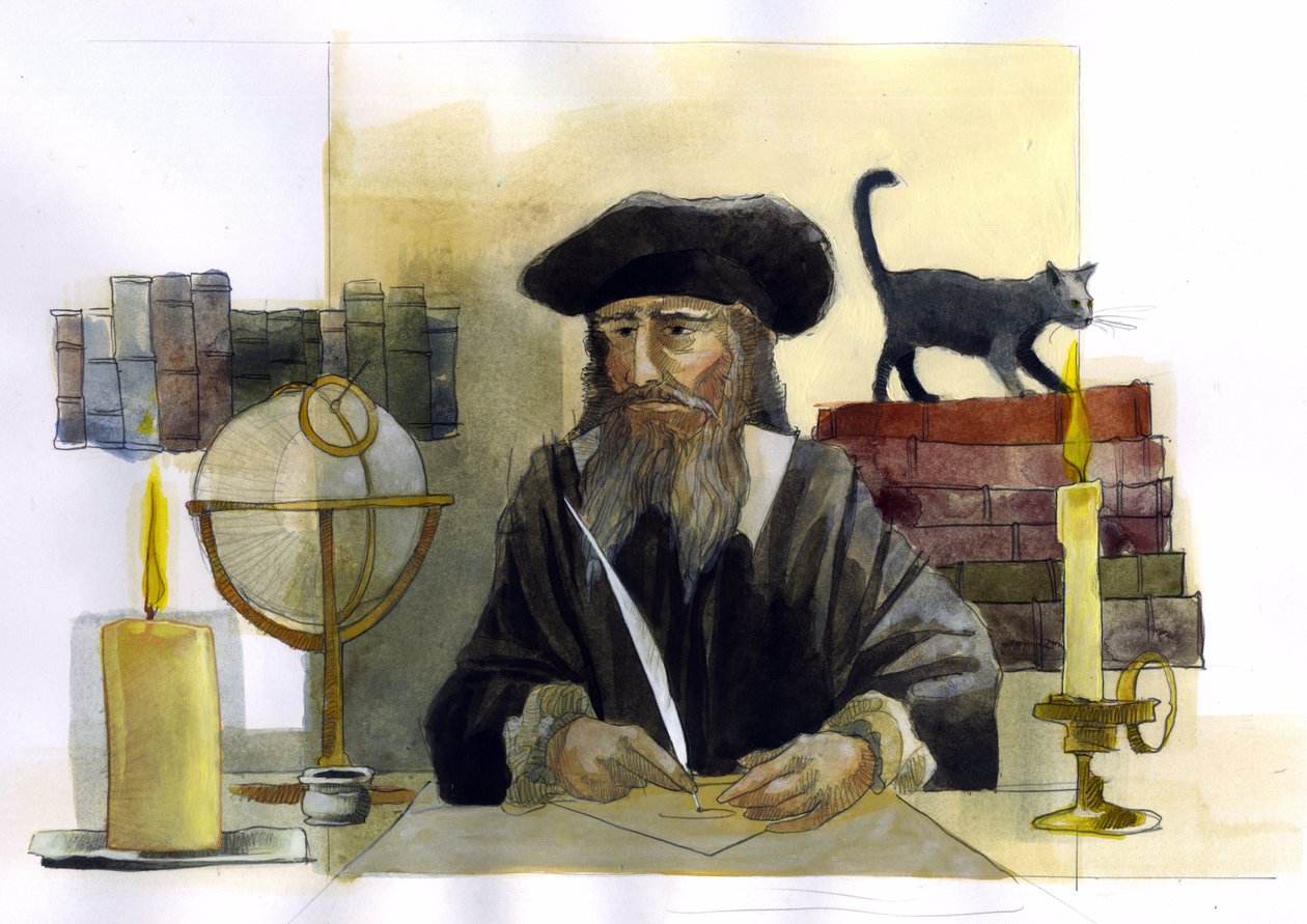 Portret van Michel de Notre Dame (Nostradamus) Franse astroloog - Illustratie door Alessandro Lonati door Alessandro Lonati
