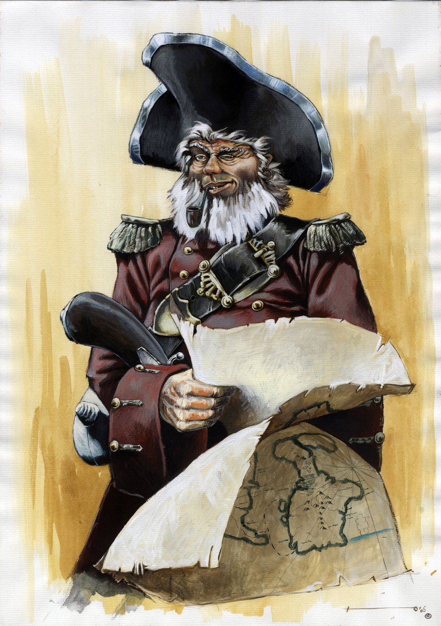 Portret van een piraat of zeeman met een driehoekige hoed en een schatkaart in zijn handen door Alessandro Lonati