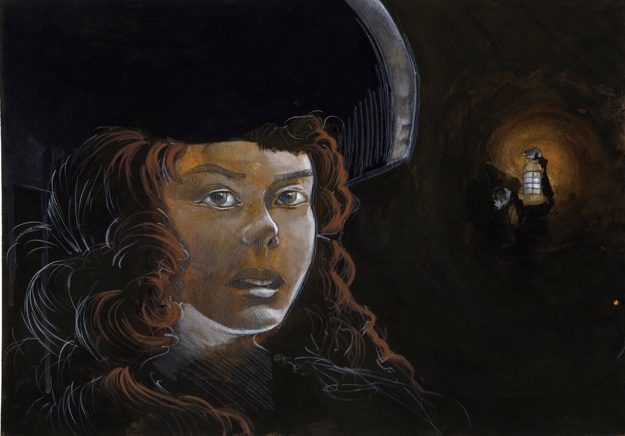 Portret van een piratenvrouw (kaper) of matroos in de nacht, verlicht door de lantaarn van een andere piraat (Kleurenillustratie) door Alessandro Lonati