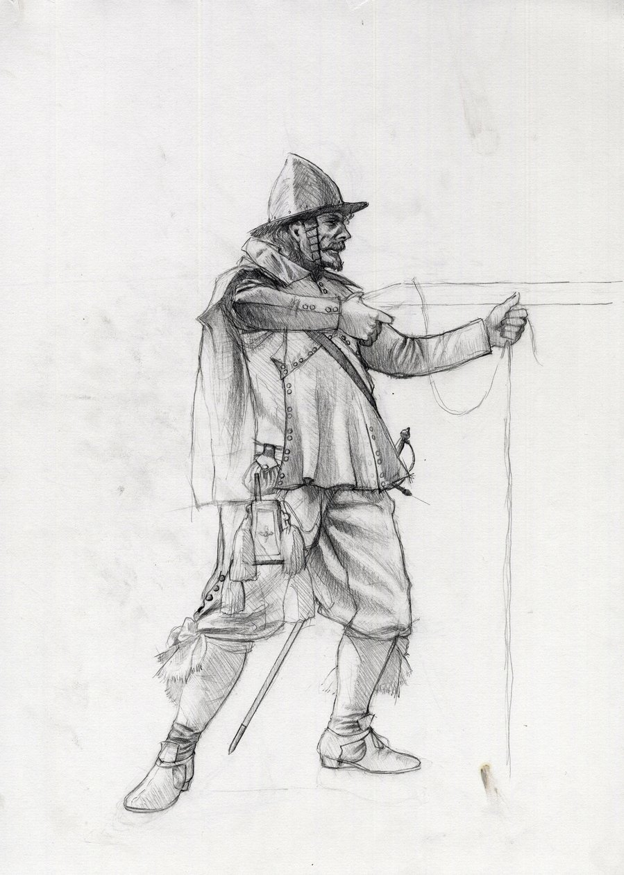 Portret van een scheepssoldaat uit de 17e eeuw die zich in een schietpositie plaatst door Alessandro Lonati