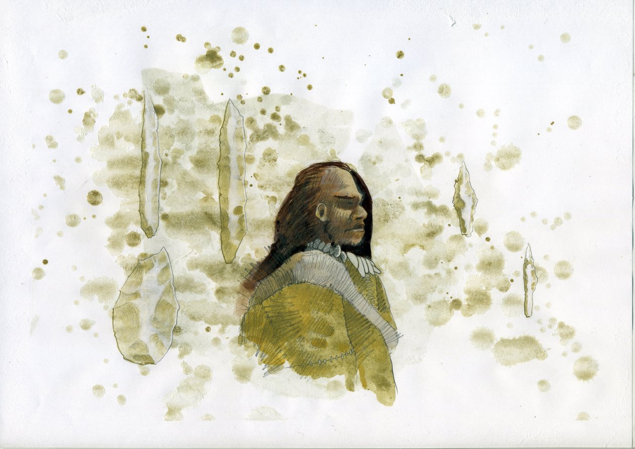 Prehistorie: Neanderthaler met vuursteen gereedschap - Illustratie door Alessandro Lonati door Alessandro Lonati