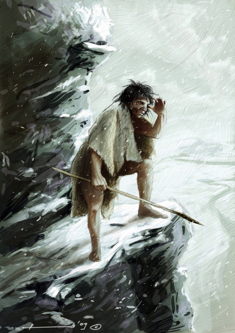 Prehistorie: een Neanderthaler onder de sneeuw, zittend op een rots kijkt naar de horizon - Tekening door Alessandro Lonati door Alessandro Lonati